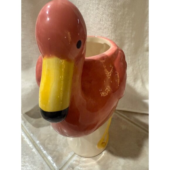 Hand-Painted Ceramic Flamingo Planter Vase Pink & Yellow ; Pretty in Pink Flamin - Picture 5 of 11
